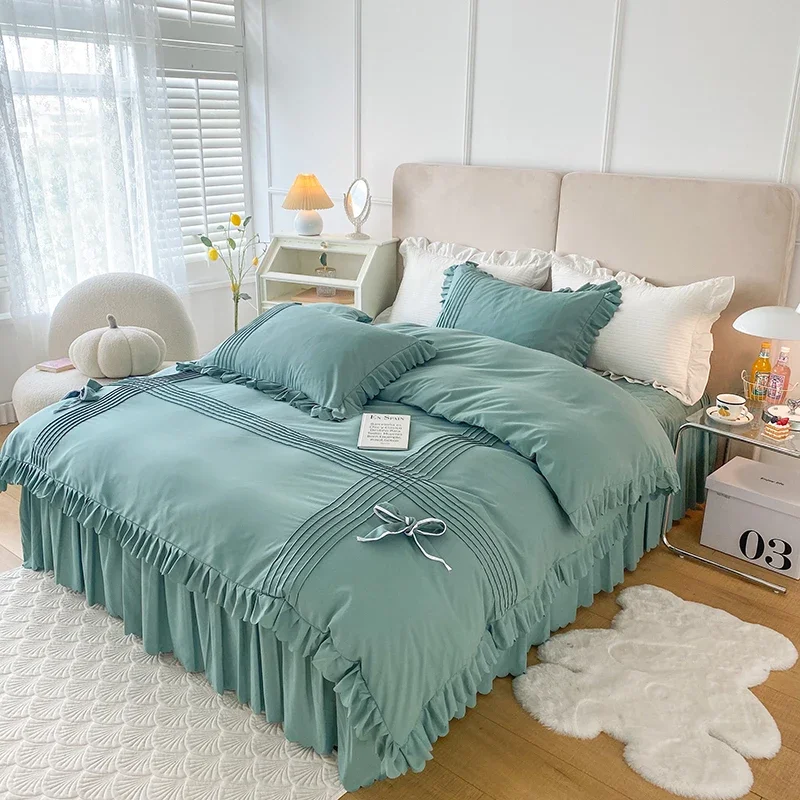 

100% Cotton Solid Color Vintage Ruffled Duvet Cover Farmhouse Rustic Comforter Cover Geometric Stripes Bedding Set with 2 Sham