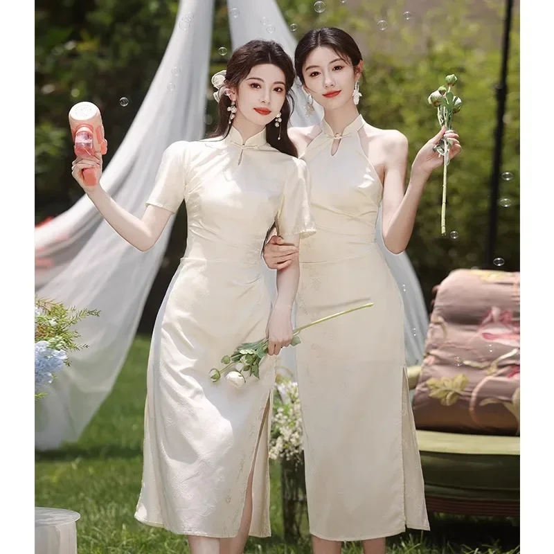 

Champagne Bridesmaid Cheongsam Gown Tradition Chinese Dresses Sexy Qipao Wedding Banquet Vestidos Women Grace Evening Dress