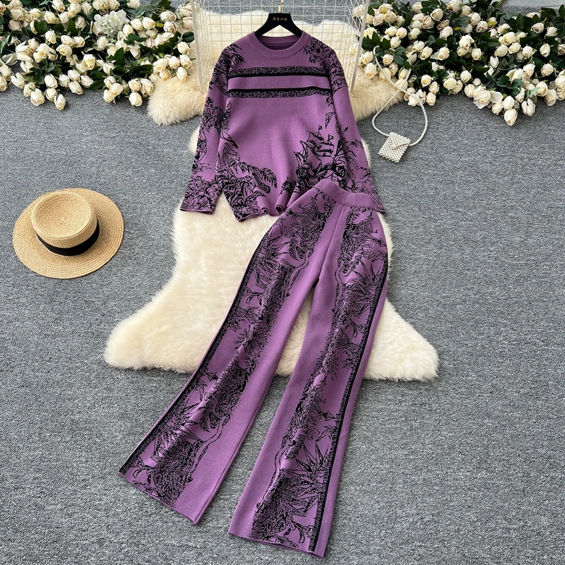 Fashion Suit Women's Round Neck Long Sleeved Jacquard Knitted Sweater and High Waist Casual Wide Leg Pants Two Piece Set