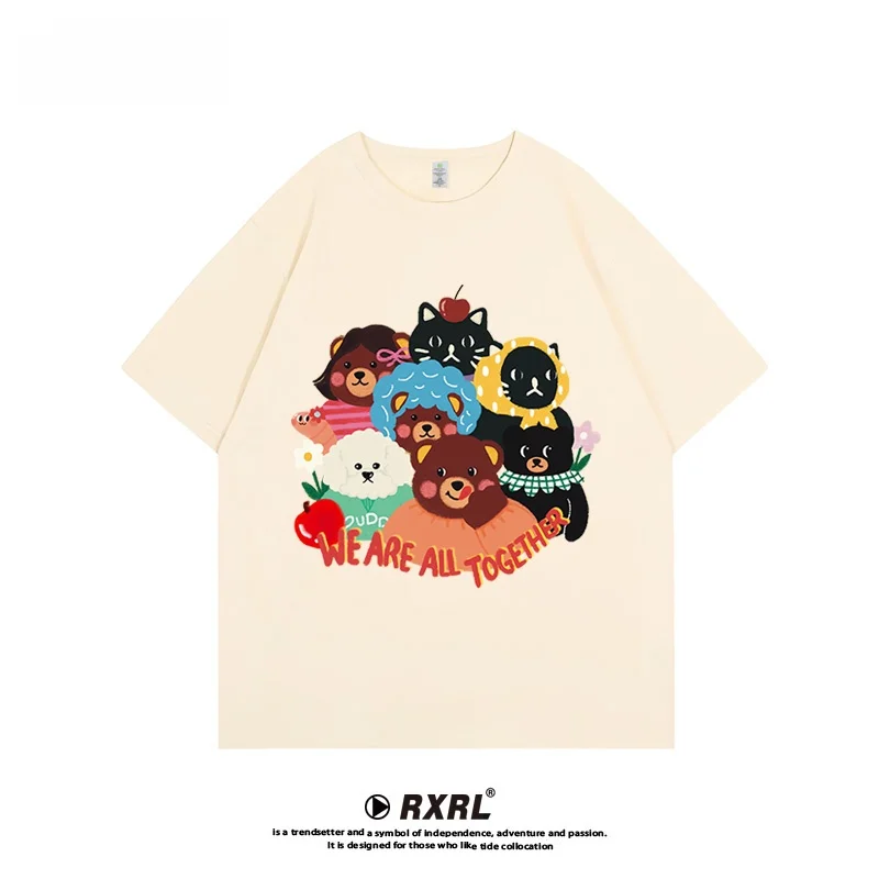 

American Cartoon Trendy Brand Women's Loose ort Sve T-irt Summer 2025 Heavyweight High Street Peach Color Print Top