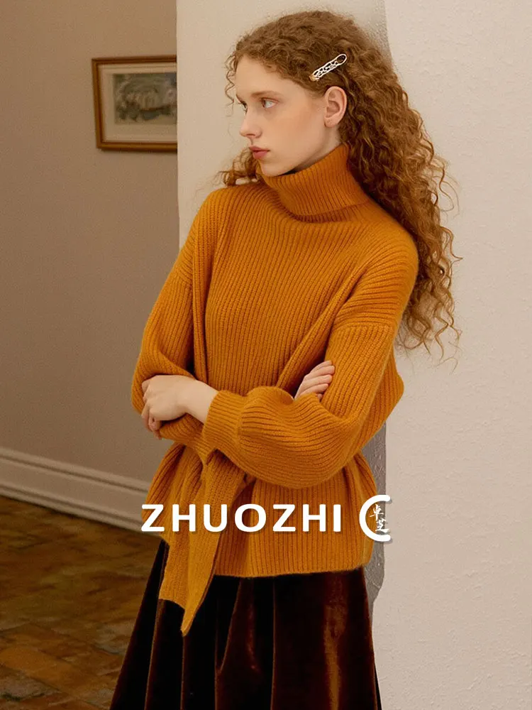 

Женский вязаный свитер ZhuoZhi с высоким воротником, с поясом, длинными рукавами, облегающий, базовый слой, осенняя новинка, свободный крой для повседневной носки