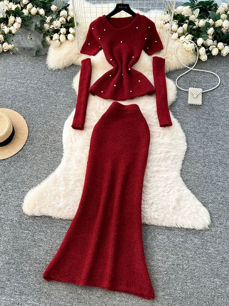 Setelan Sweater Kasmir Streetwear Wanita dengan Hiasan Manik-Manik, Atasan Rajut Oversleeve + Rok Panjang Elastis, Set Rajut Mutiara костюм