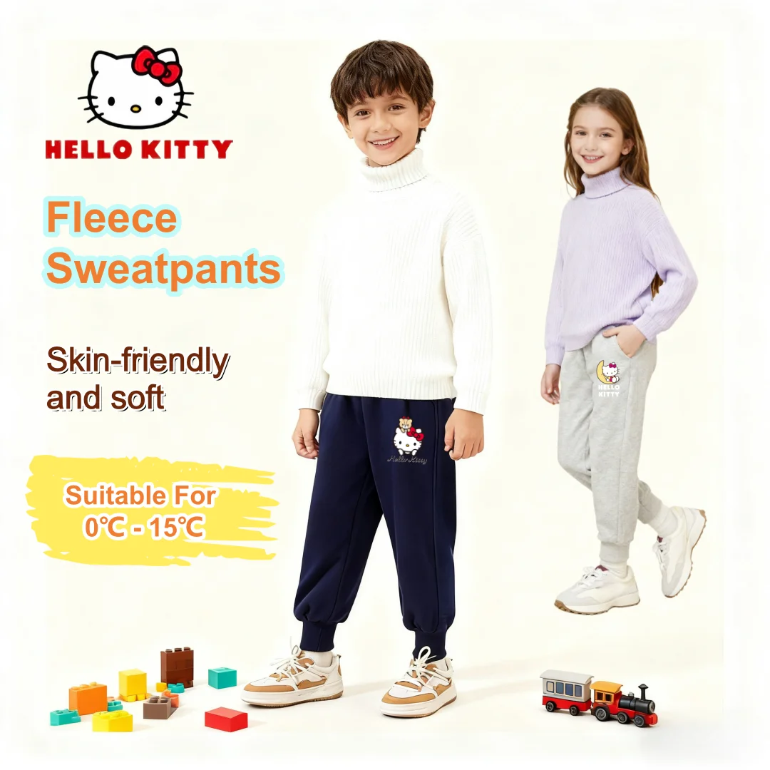 

Детские утолщенные флисовые штаны Hello Kitty, зимние морозостойкие брюки с плюшевой подкладкой и манжетами, детские утепленные спортивные штаны с принтом