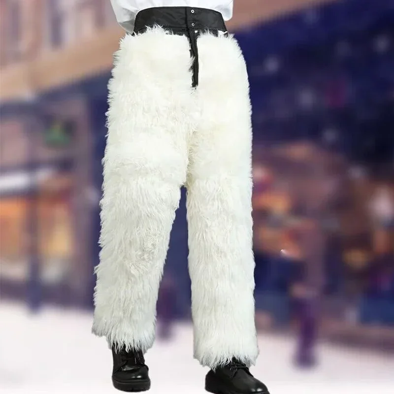 100% Genuine Sheepskin Pants Men Warm Winter High Waist Long Pants Men's Clothing Snowsuits Trousers Plus Size