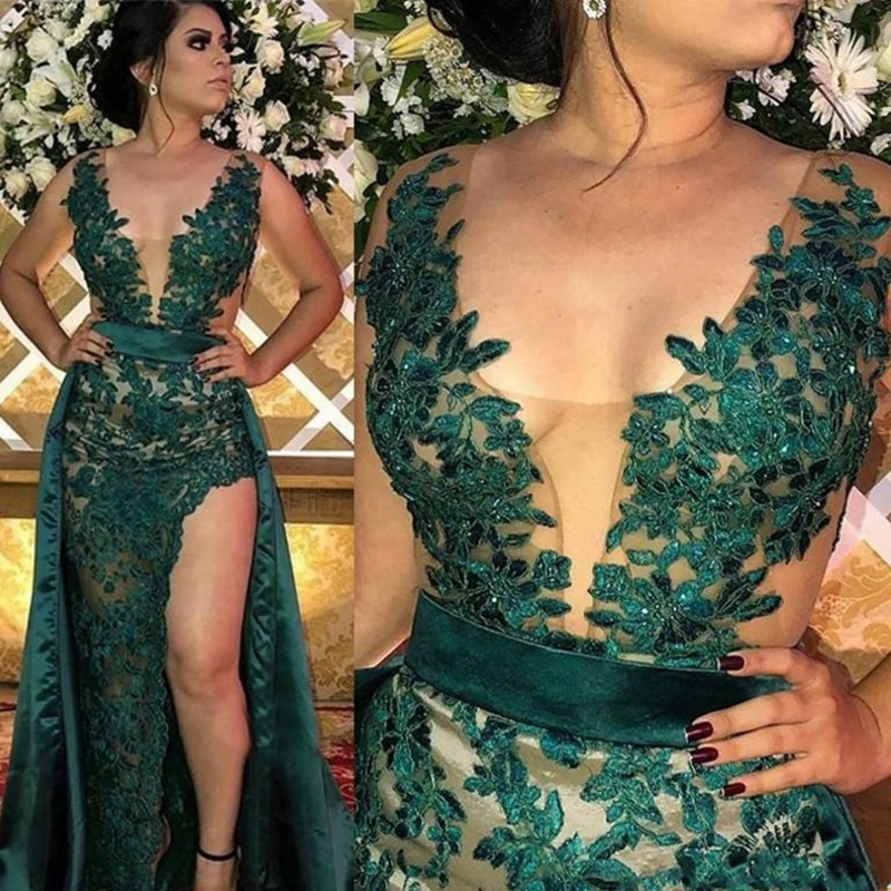 2023 Dark Green Lace Prom Party Dress Sleeveless Scoop Neck Side Split Sexy See Through Top Evening Gowns With Detachable Train