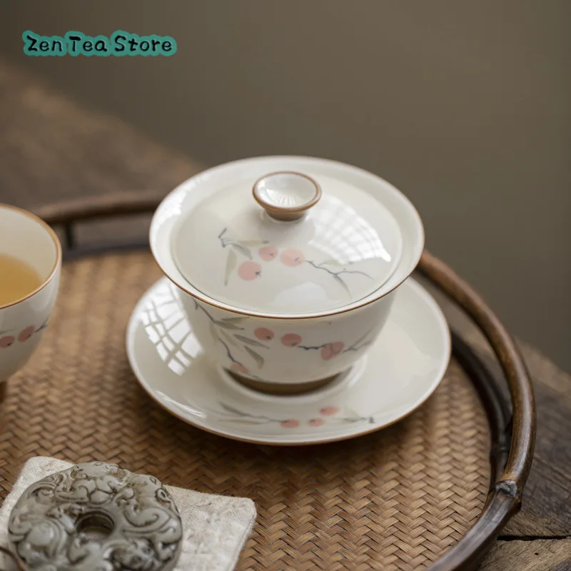 Hand-painted Three Cover Bowl Retro Underglaze Color Persimmon Tea Infuser Household Anti-hot High-grade Ceramic Tea Bowl