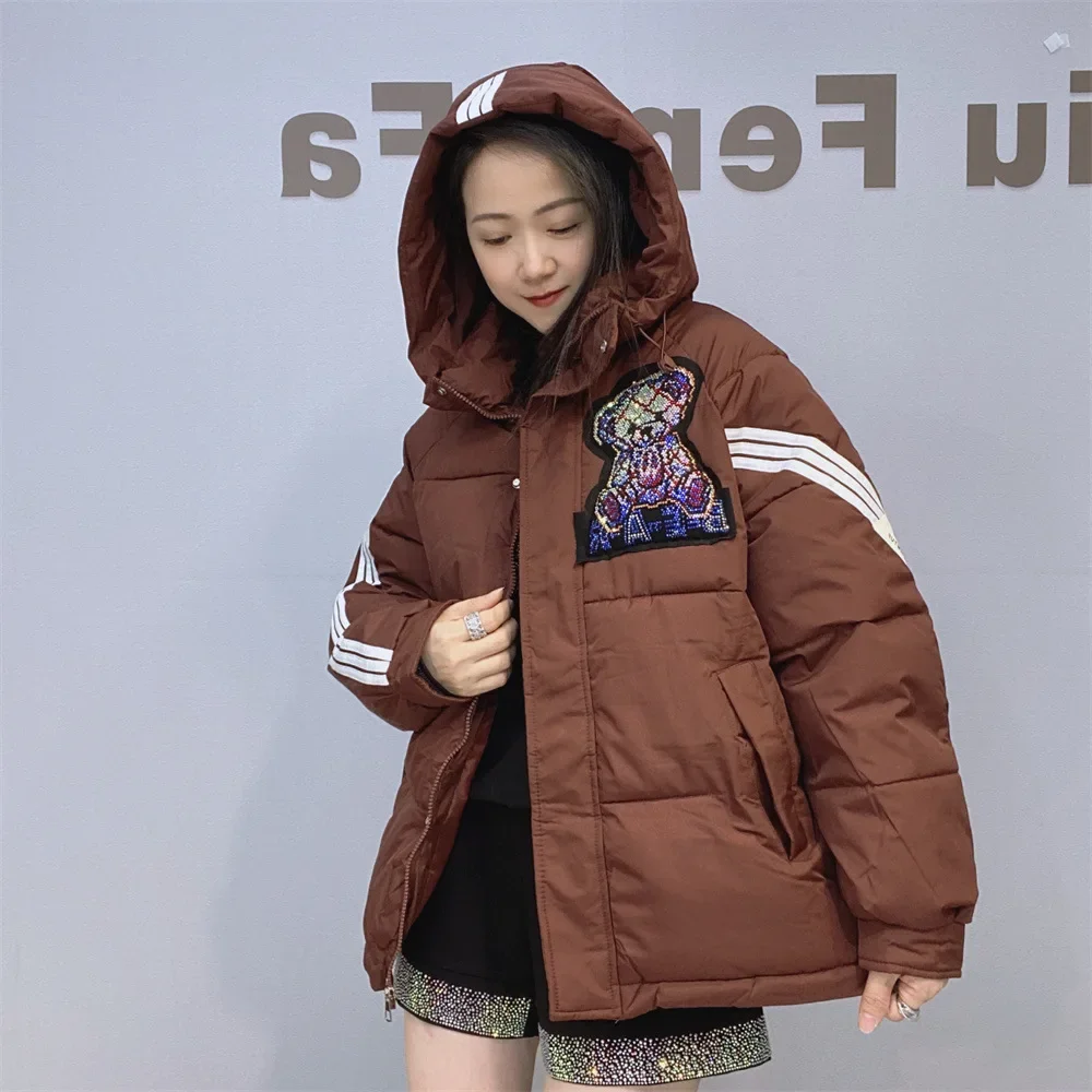 Winter Women Coat Thick Jackets Cartoon Diamonds Striped Sleeve Hooded Casual Loose Zipper Cardigan Куртка Женская С Капюшоном