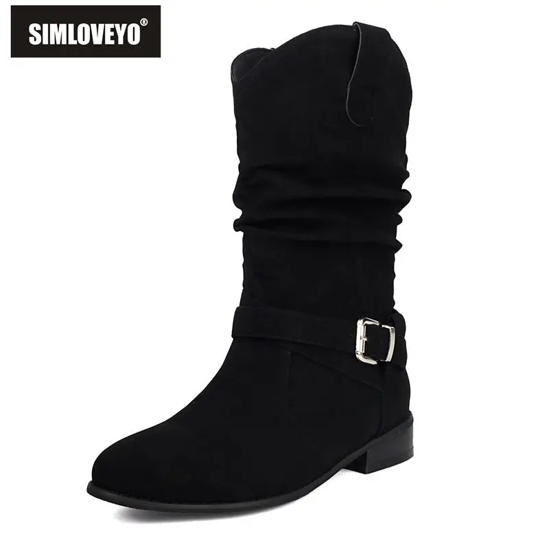 

SIMLOVEYO винтажные повседневные женские ботинки до середины икры с круглым носком на плоской подошве без шнуровки с пряжкой на ремне из флока, замша, большие размеры 49-50, повседневная обувь