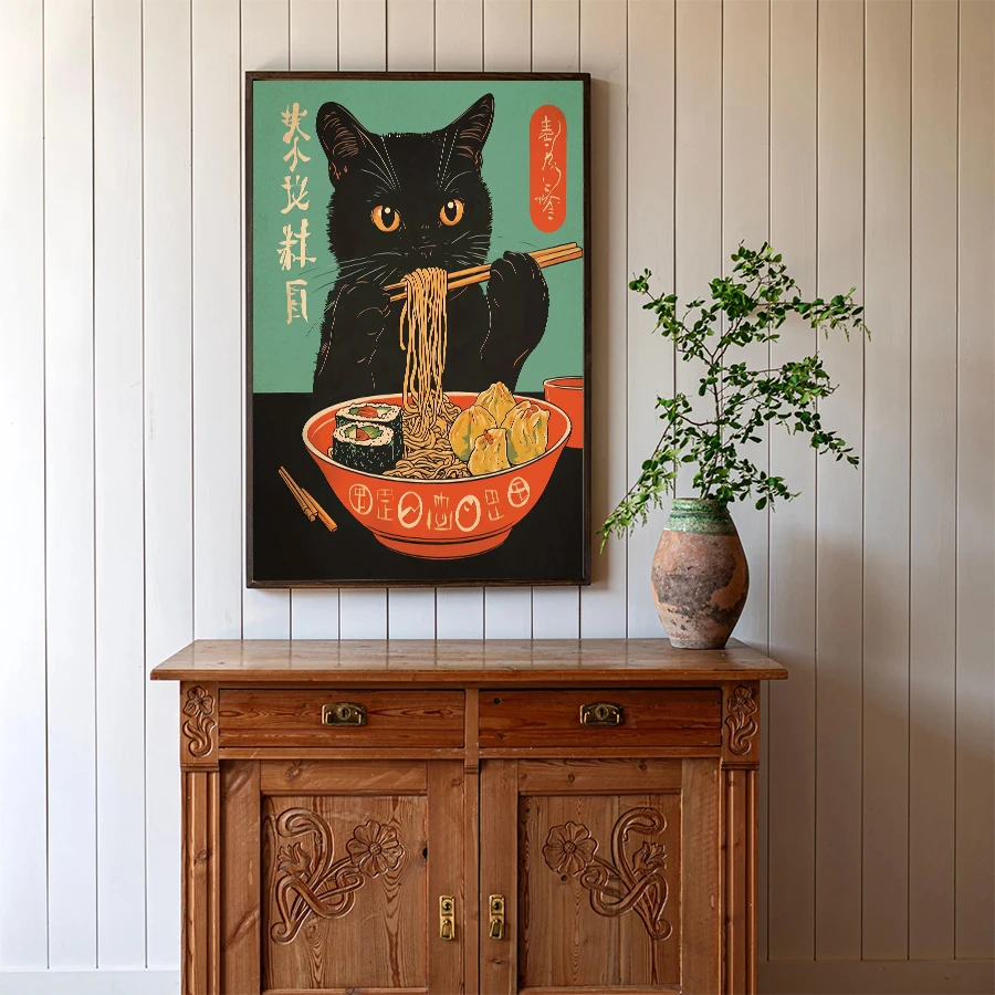 Vintage Japanese Cat Ramen Wall Art Poster Retro Ukiyo Print Funny Black Cat Eating Noodle Canvas Art Kitchen Home Decor Poster