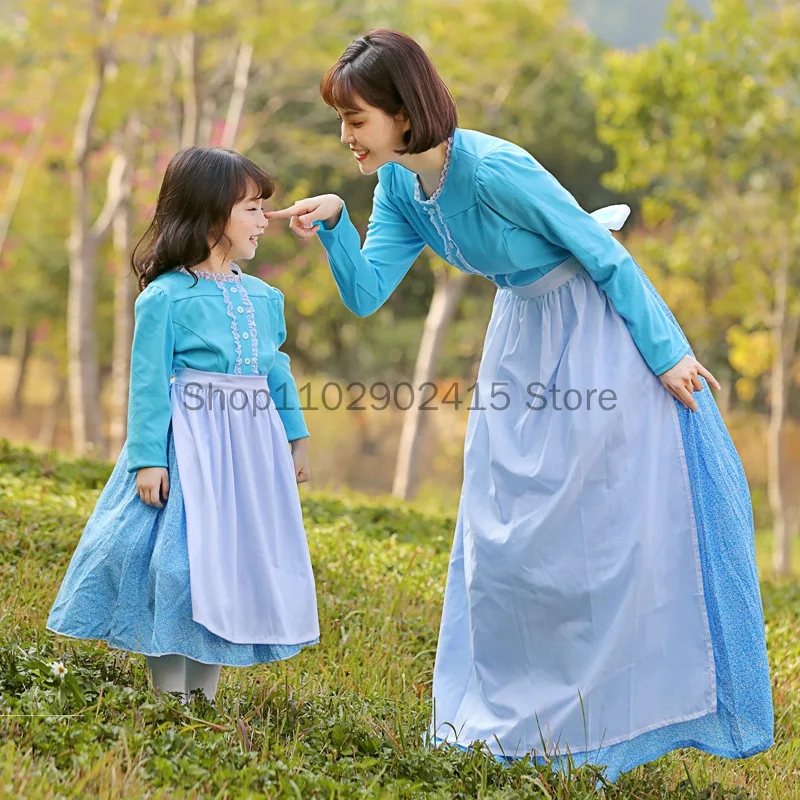 Light Blue Long-sleeved Polka-dot Dress Parent-child Outdoor Activity Clothing Pastoral Farm Picnic Maid Stage Performance Dress