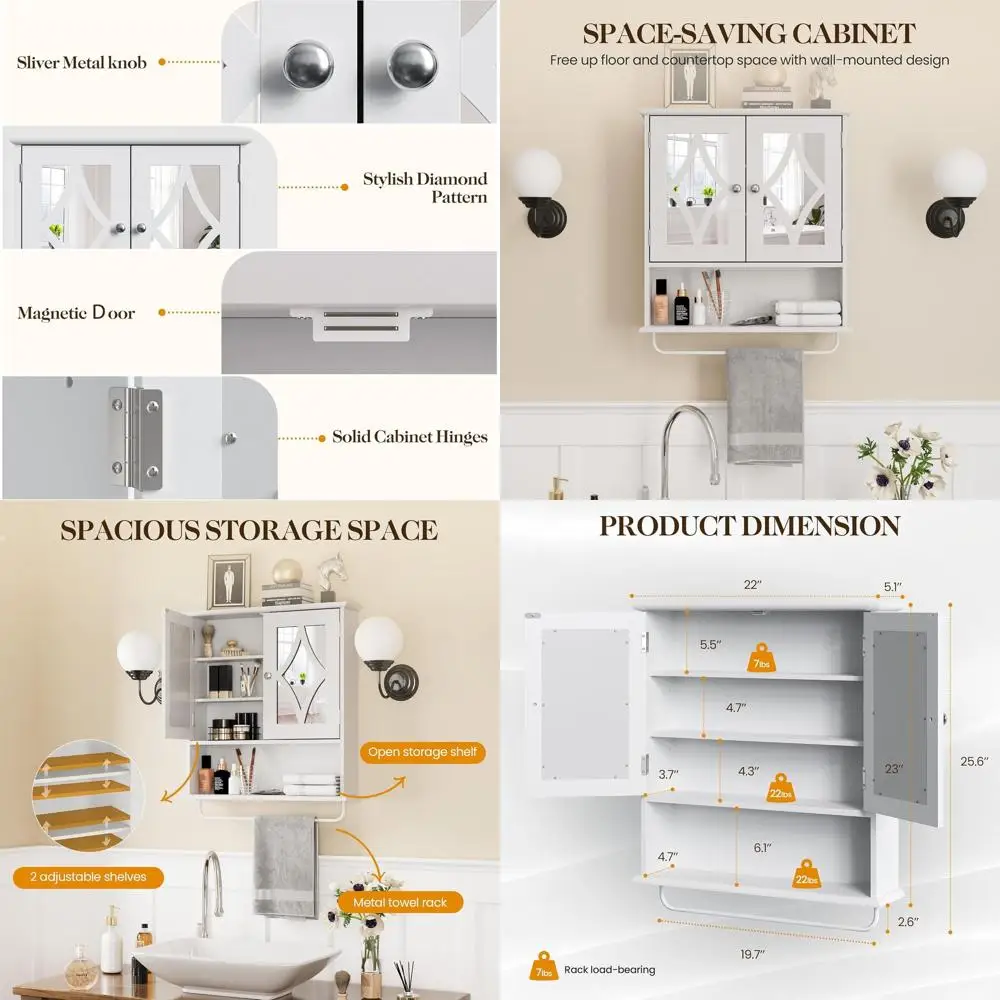 

Wall-Mounted Vanity Cabinet with Mirror, Adjustable Shelves & Towel Bar for Bathroom, Laundry, Living Room - White