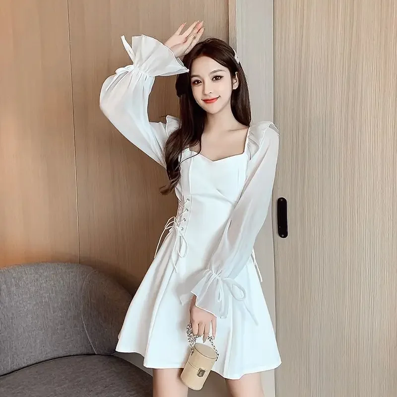 Black Dresses for Women White Chiffon Woman Long Sleeve Dress Spring Autumn 2025 Aesthetic Full Cheap Casual Elegant Chic Youth