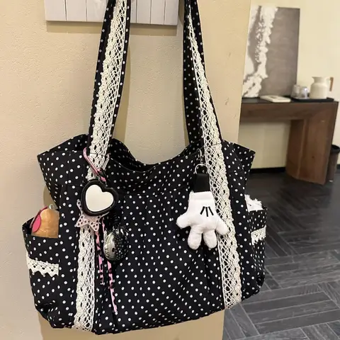 Borsa a tracolla in tela vintage coreana da donna borsa tote di grande capacità in pizzo carino borsa multitasche borsa sotto le ascelle a pois rotondi