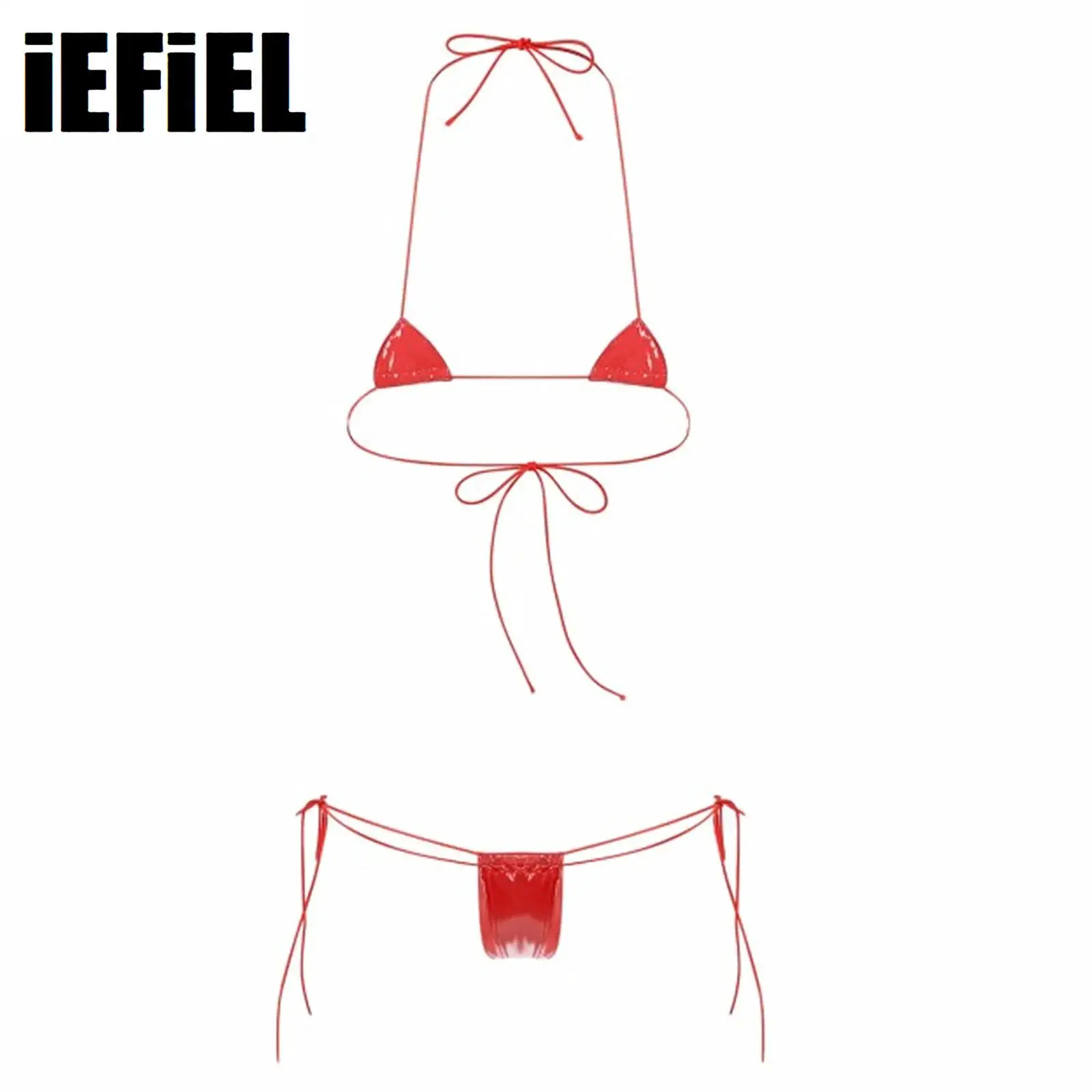 Set Micro Bikini da donna in pelle verniciata effetto bagnato completo di Lingerie in due pezzi reggiseno allacciato con scollo all'americana con perizoma a vita bassa