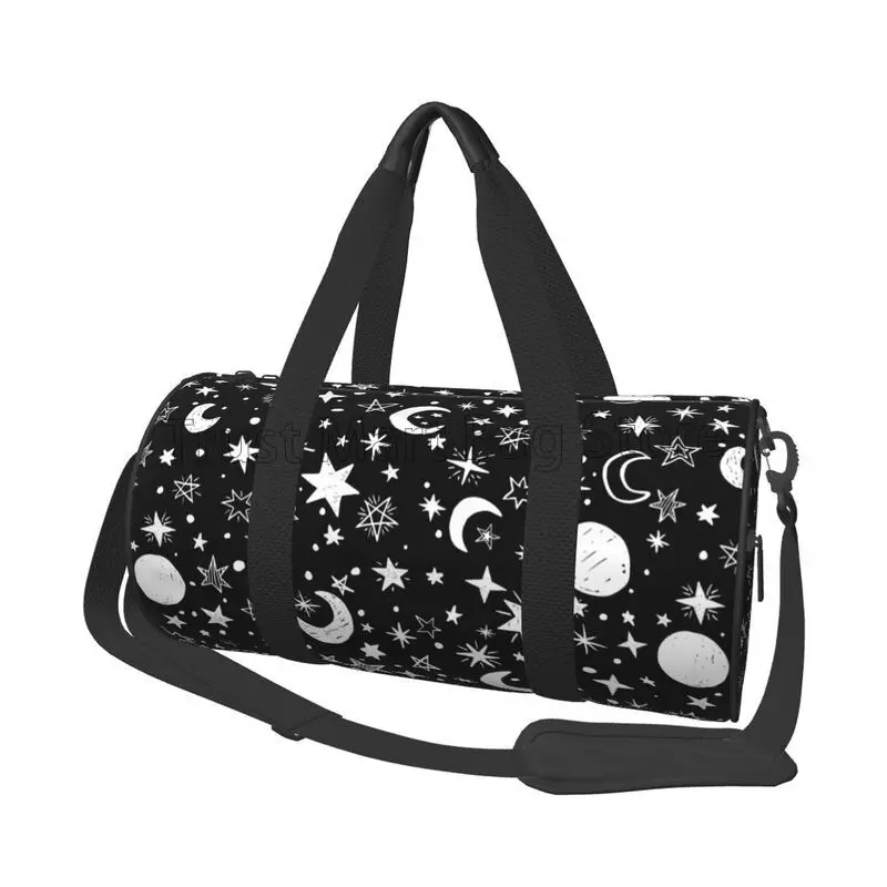 Moon Star Print Black Travel Duffel Bag Waterproof Sports Tote Gym Bag Foldable Carry on Luggage Bags Weekender Overnight Bags