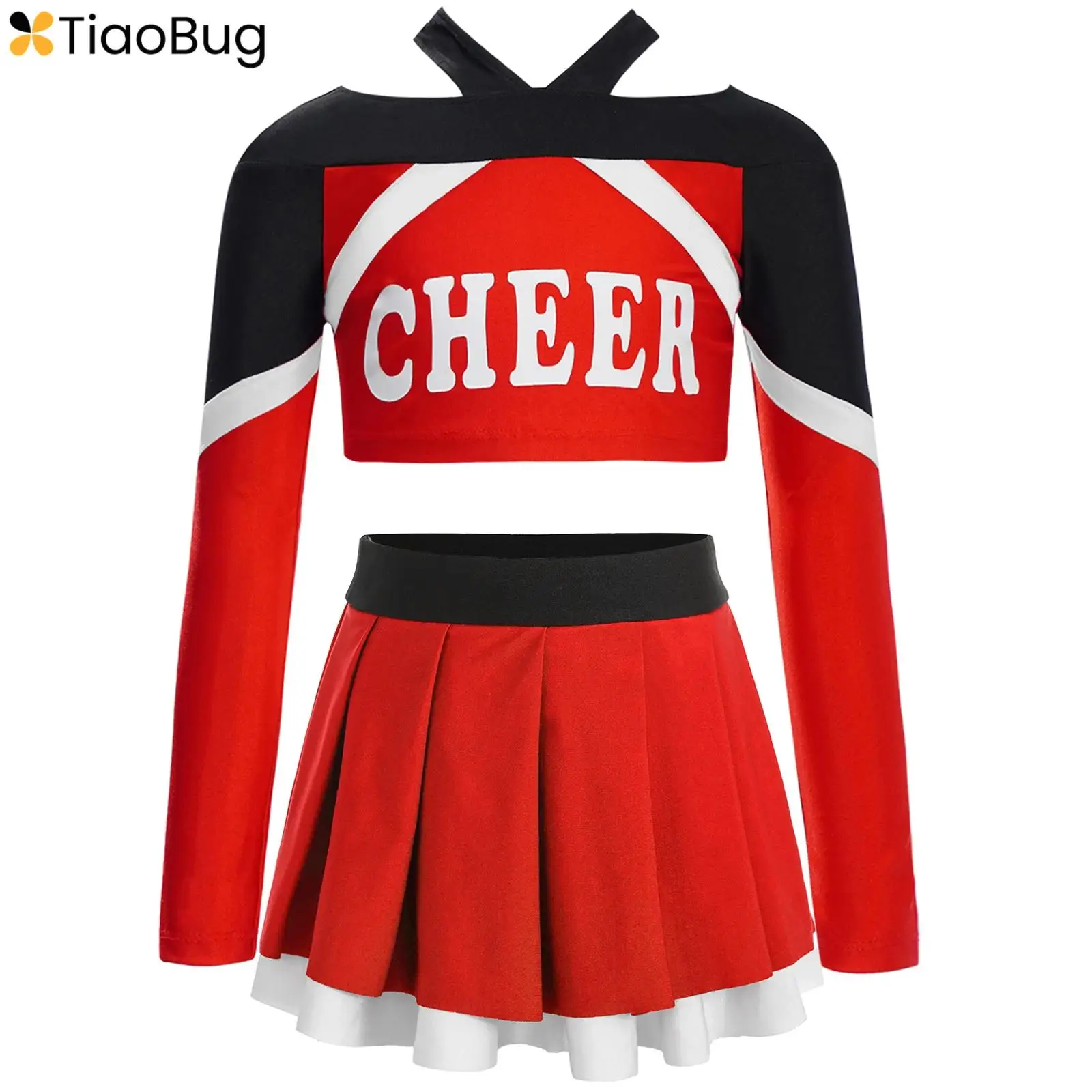 

2Pcs Girls Cheerleading Uniform Dance Performance Costume Long Sleeve Letter Print Color Block Crop Top with Pleated Skirt