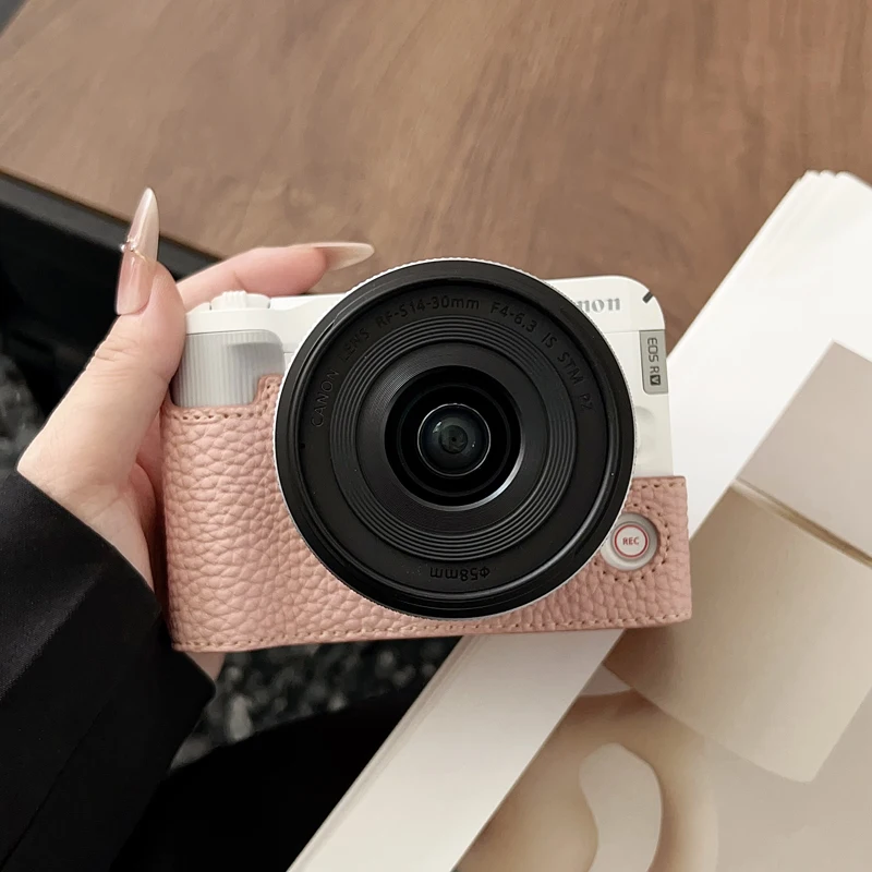 Litchi Pattern R50V Camera Bag PU Leather Case Shell Half Body Base Protector for Canon EOS R50V Protective Opening Bottom Cover
