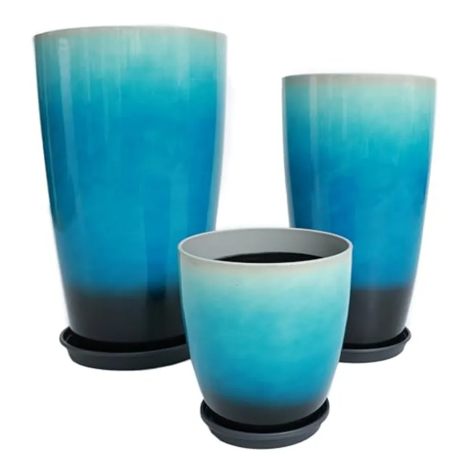 Indoor/Outdoor use plastic black extra-tall 11-inch planters with drainage holes and saucers set of 3