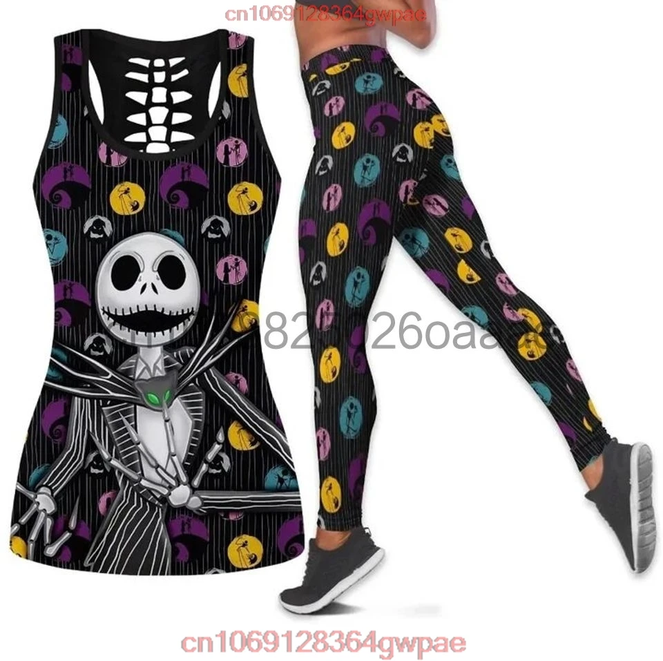 Disney The Nightmare Before Christmas Jack Skellington Sally Womens Hollow Tank Top Leggings Yoga Set Fitness Leggings Tracksuit