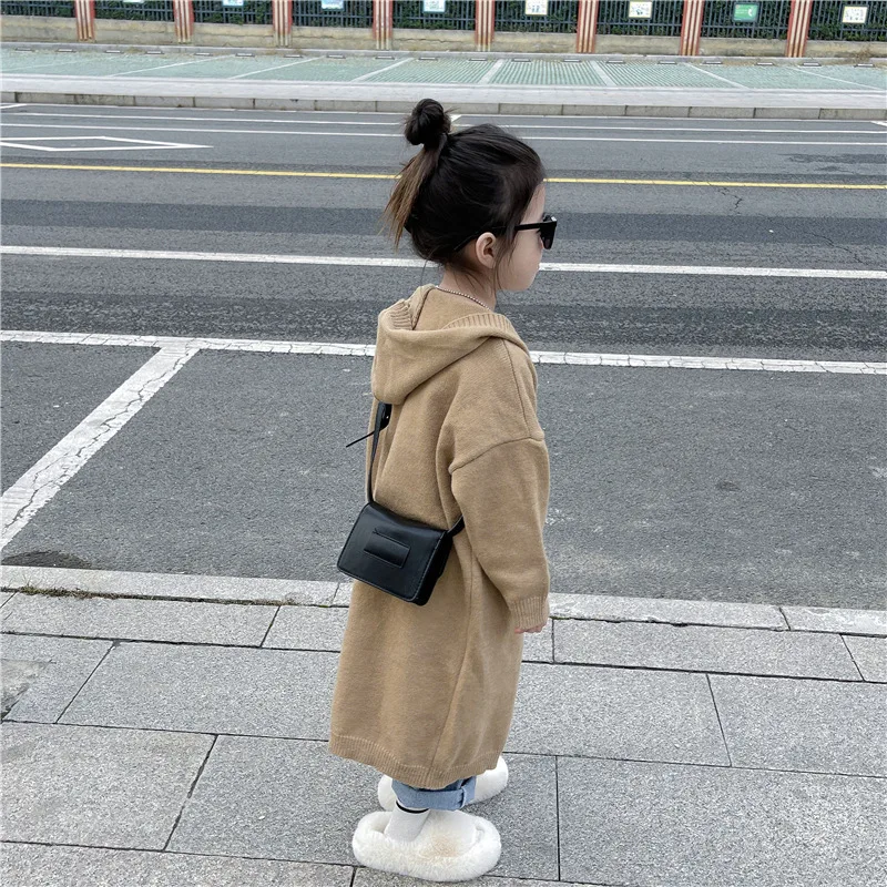 2024 Spring New Korean Children Wear Girls Long Knitted Woolen Coat with Leisure and Western Style Hooded Cardigan Coat Trendy