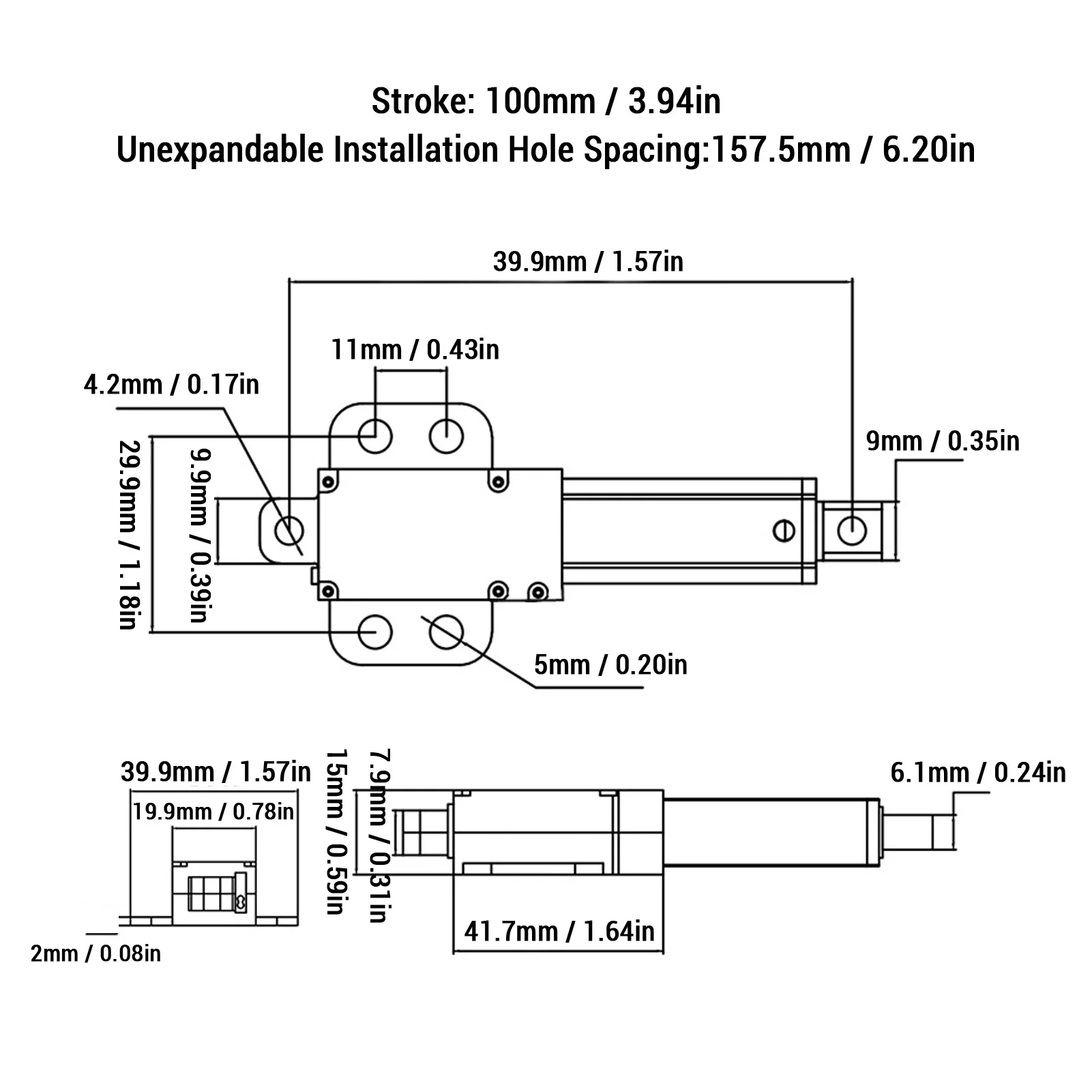 المحرك الخطي الكهربائي الصغير 100 مللي متر السكتة الدماغية 50N التوجه 15 مللي متر/ثانية IPX4 مقاوم للماء 24 فولت المحرك الخطي 24 فولت المحرك الخطي