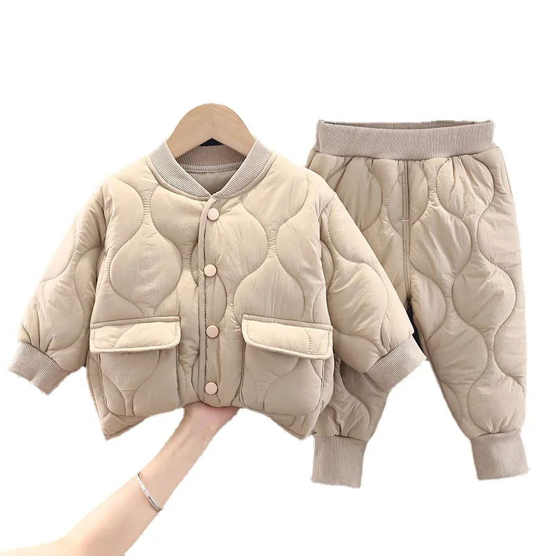 New Children Sets Autumn Winter Jacket for Girls Solid Color Top Coat+pants 2pcs Warm Thicken Baby Boy Clothes Casual Kids Suits