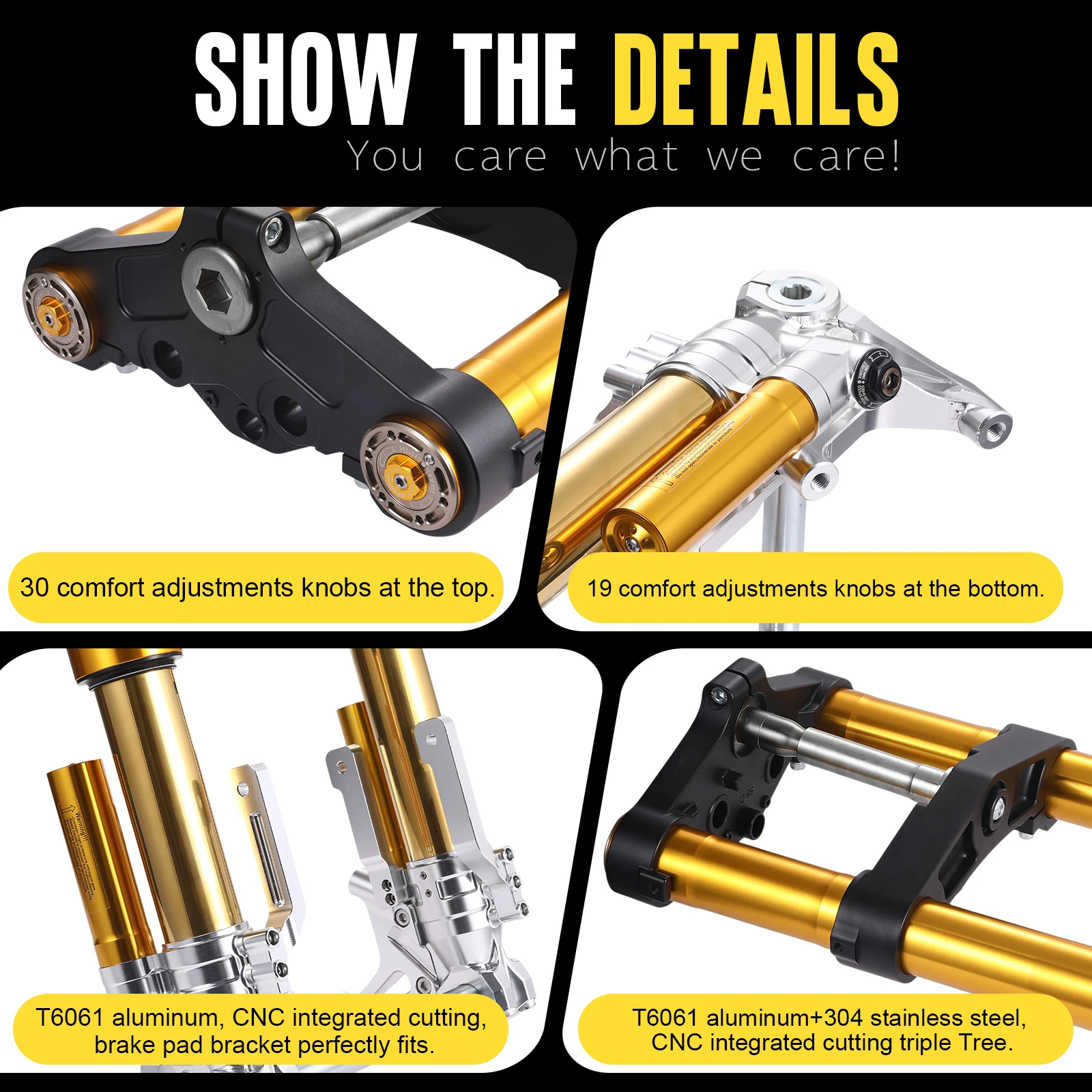 High Performance Gold Front Shock Absorbers Inverted Fork Legs Triple Tree for Touring 2014-2023 Street Glide Adjustable