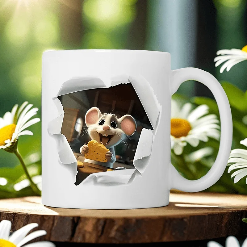 Cute Mouse Ceramic Mug - Unique 3D Design with Cheese, Perfect for Kids and Animal Lovers, Festive Gift Idea