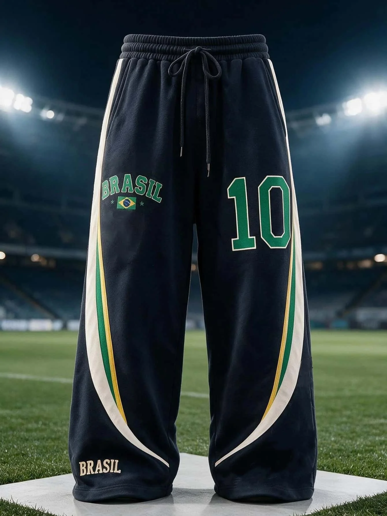 Men's Brasil 10 Football Pattern Wide Leg Sports Pants Side Striped Loose Sports Pants Football Street 3D Pants