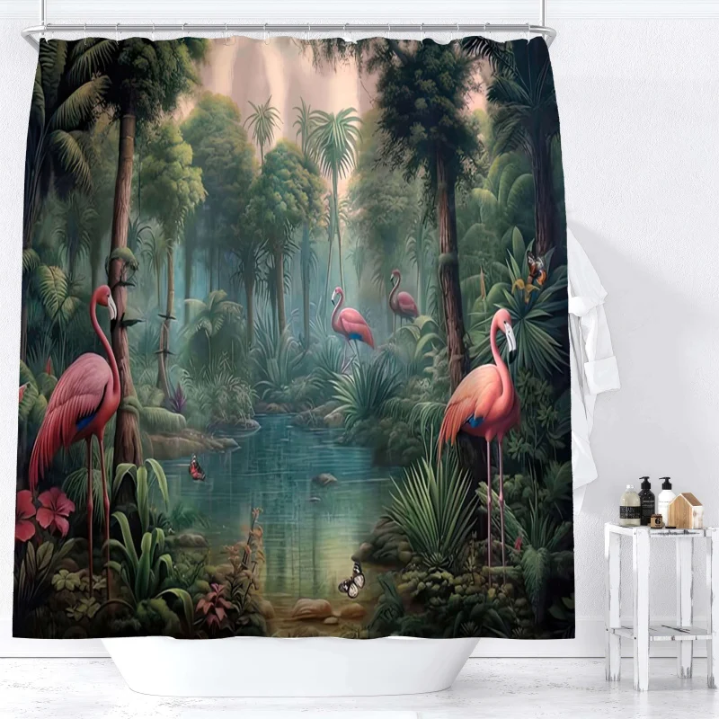 1pc Tropical Flamingo Forest Shower Curtain, Waterproof Digital Printed Pond Scenery Bath Decor, Bathroom Accessories