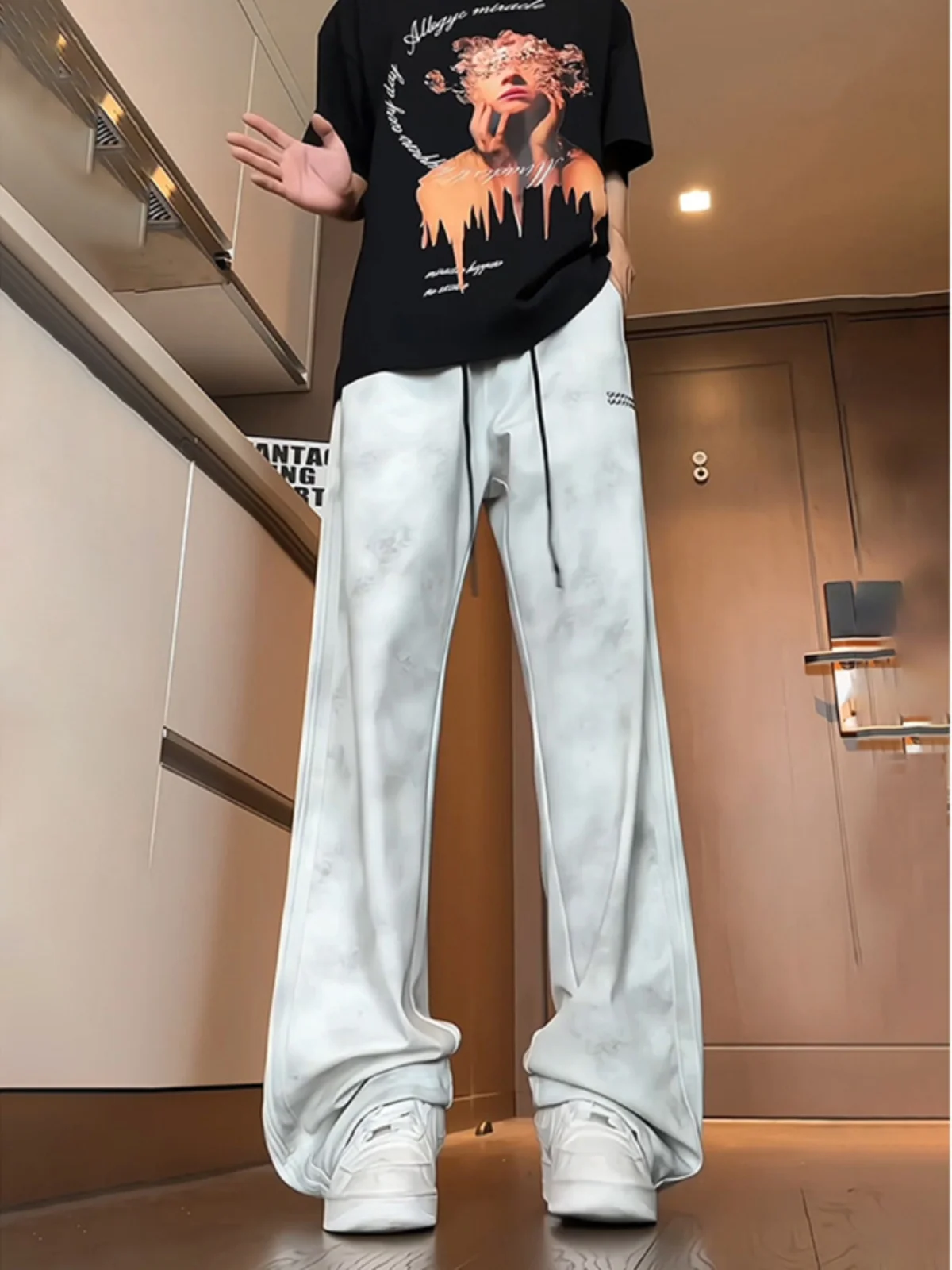 

Ice Silk Drapey Wide Leg Casual Pants Men's Summer American Retro Vibe Hiphop Spor Loose Fit Youthful Energy Straight Tube
