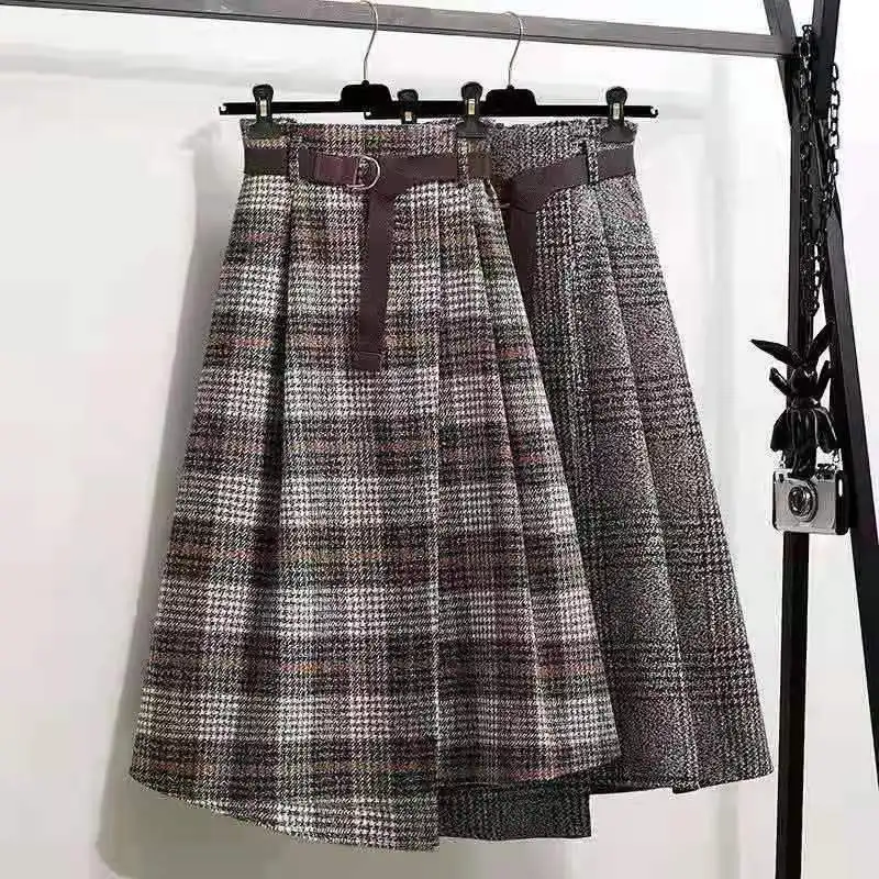 plus Size Woolen Plaid A-Line Midi Skirt Autumn Winter Women's High Waist Thickened Long Skirt Umbrella Skirt Asymmetrical
