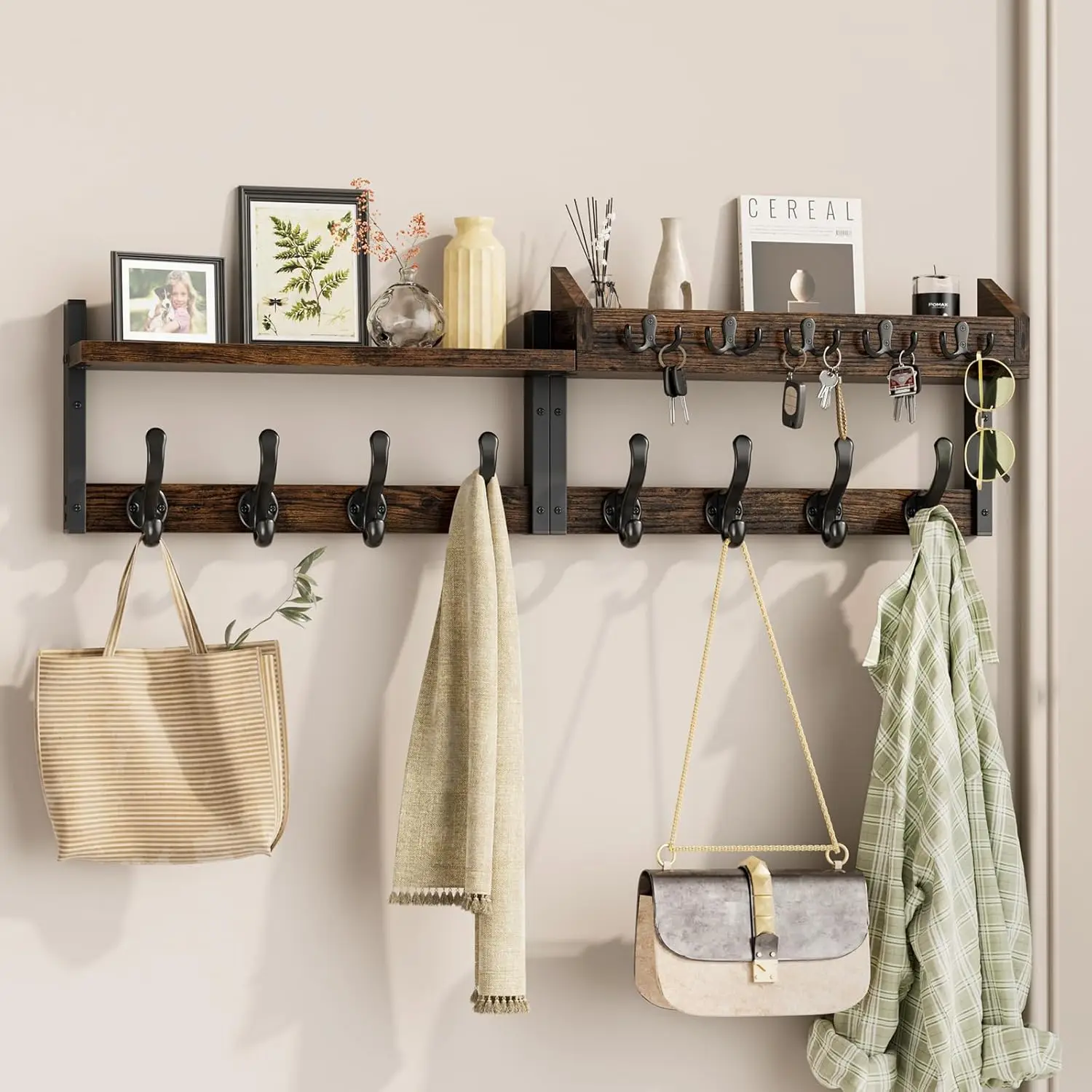 

35" Wall Mounted Coat Rack with Shelf, 4-in-1 Key and Mail Holder, Rustic Brown for Entryway Organization