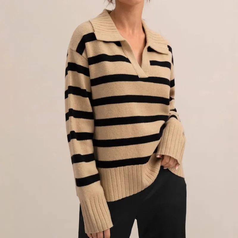 

Осенне-зимний женский полосатый свитер на молнии с лацканами, куртка во французском стиле, свободные винтажные вязаные пуловеры высокого класса