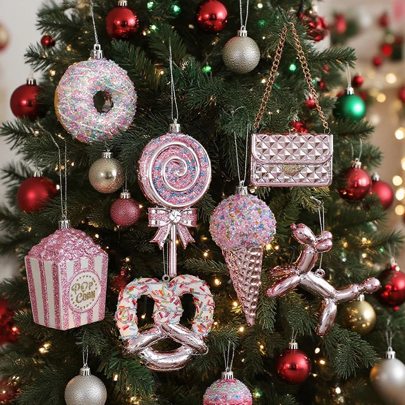 

Christmas Ornaments Pink Plastic Cartoon for Home XmasTree Window, New Year Decorations 2025 Navidad Natal Party Supplies Decor