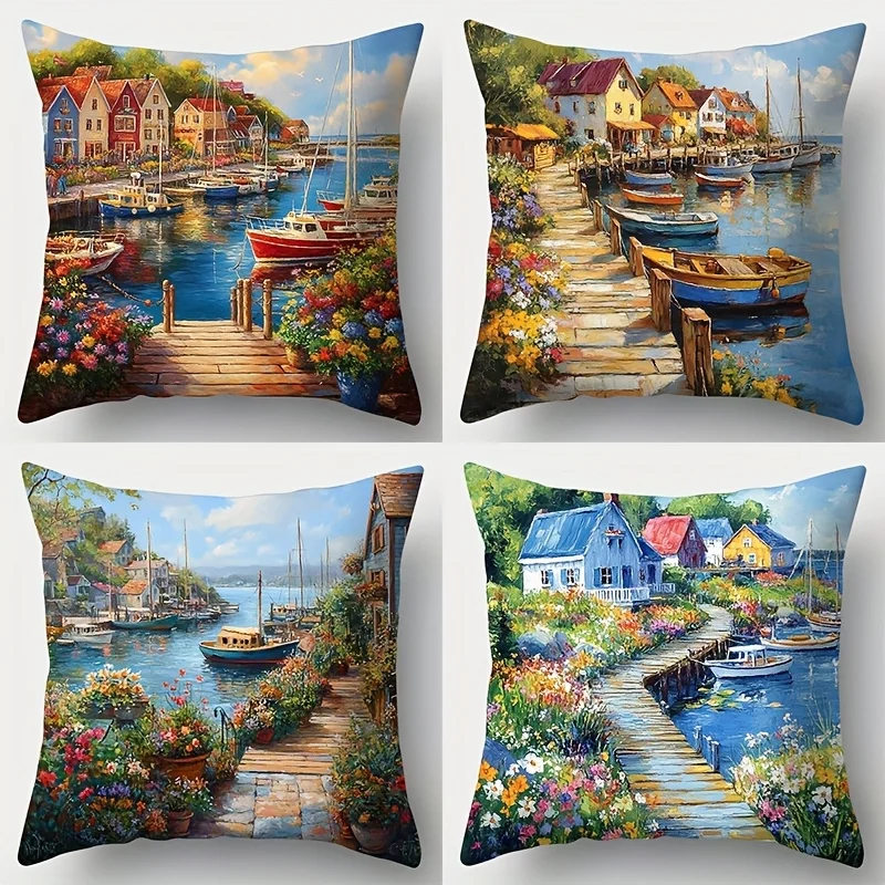 Elegant Floral Cottagecore Printed Pillow Covers Set of 4 Nautical Harbor Town Watercolor Polyester Throw Cushion Home Decor
