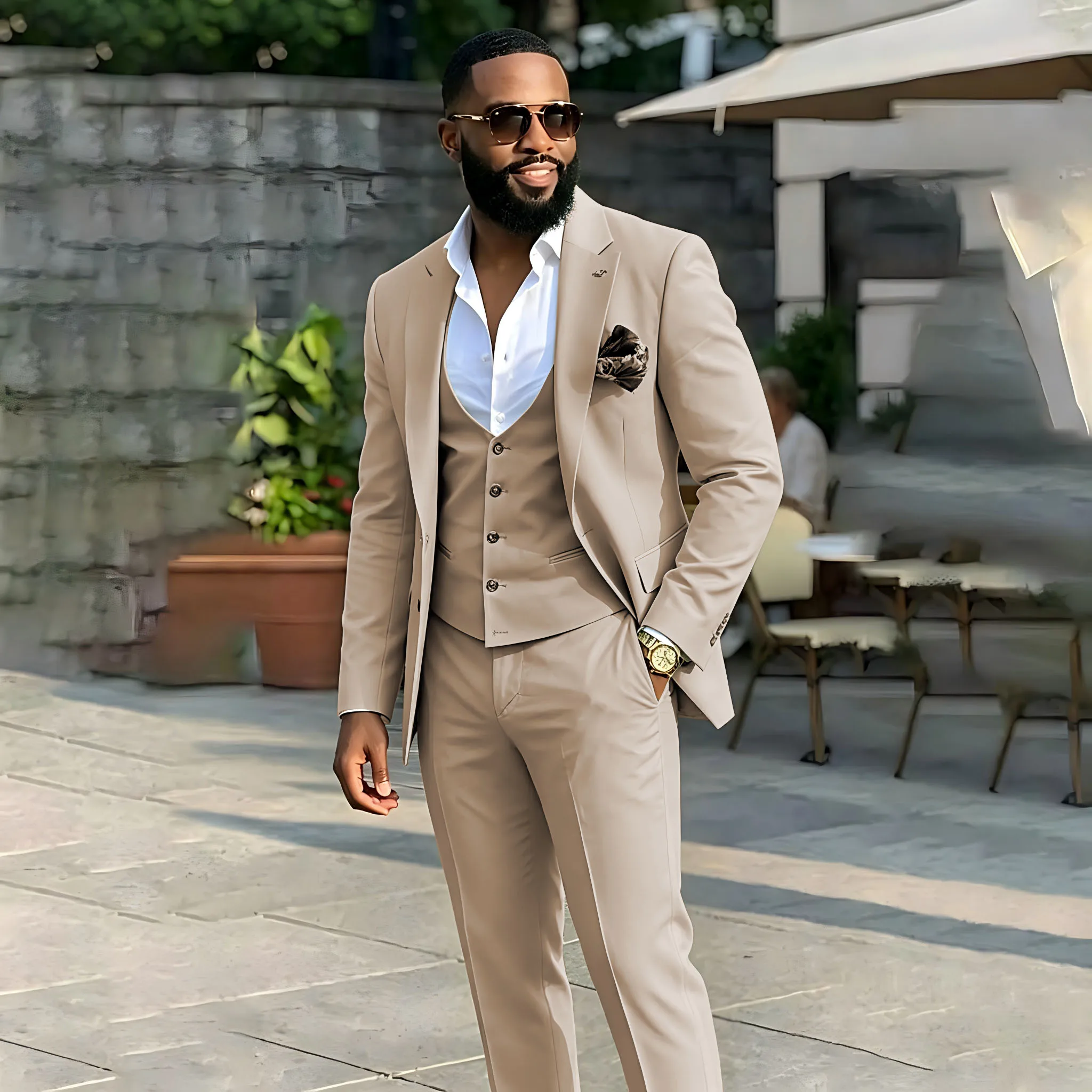 

Мужские костюмы-тройки: повседневные бежевые деловые костюмы с отложным воротником, для вечеринок, официальных мероприятий, свадеб, смокинги для жениха (пиджак+жилет+брюки)