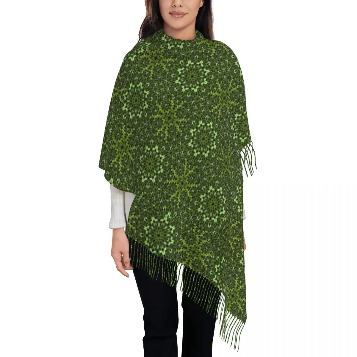 Abstract Mandala Scarf Men Women Green Geometric Print Headwear Scarves with Tassel Winter Luxury 2024 Shawl Wraps Warm Bandana