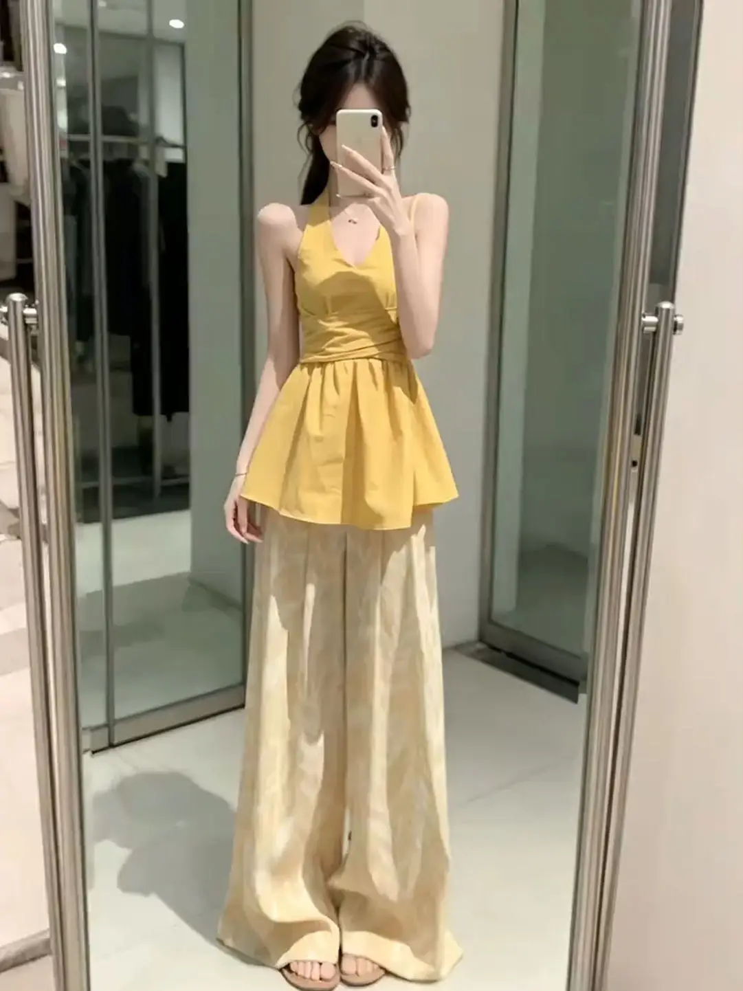 

V-Neck Strapless Tank Top And High Waist Long Pants Women's Casual Fashion Set Summer 2026 Slimming Versatile Polyester Fiber