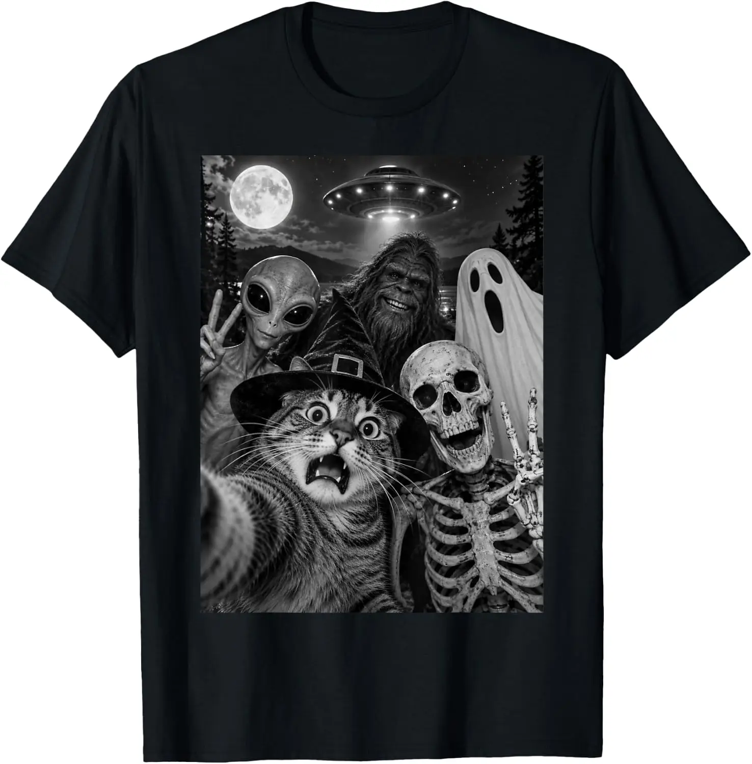 Halloween Cat Selfie Witch Skeleton Alien Bigfoot Ghost UFO T-Shirt Breathable, Stylish Pure Cotton Short-Sleeve Top—Suitable For All-Season Styling.