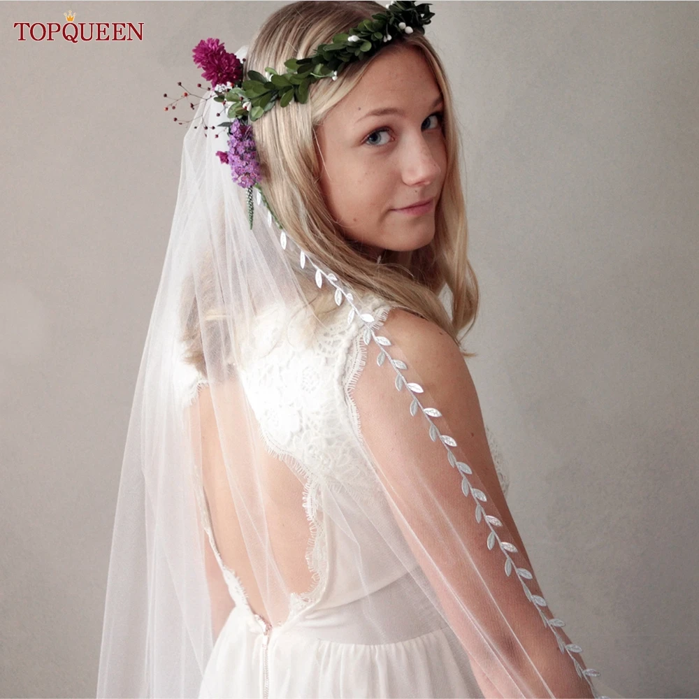 TOPQUEEN-velo de novia V129A, borde de aplique de vid de hoja larga, velos de boda lisos, 1 capa, accesorios de boda elegantes, borde de encaje