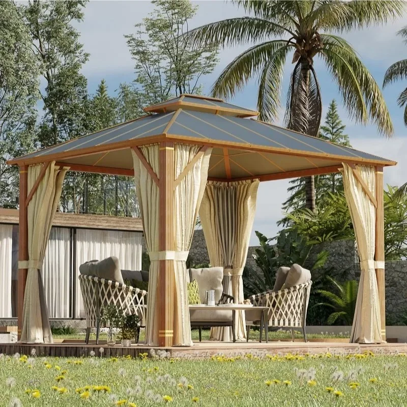 10x12FT Hardtop Gazebo, Wooden Finish Coated Aluminum Patio Gazebo