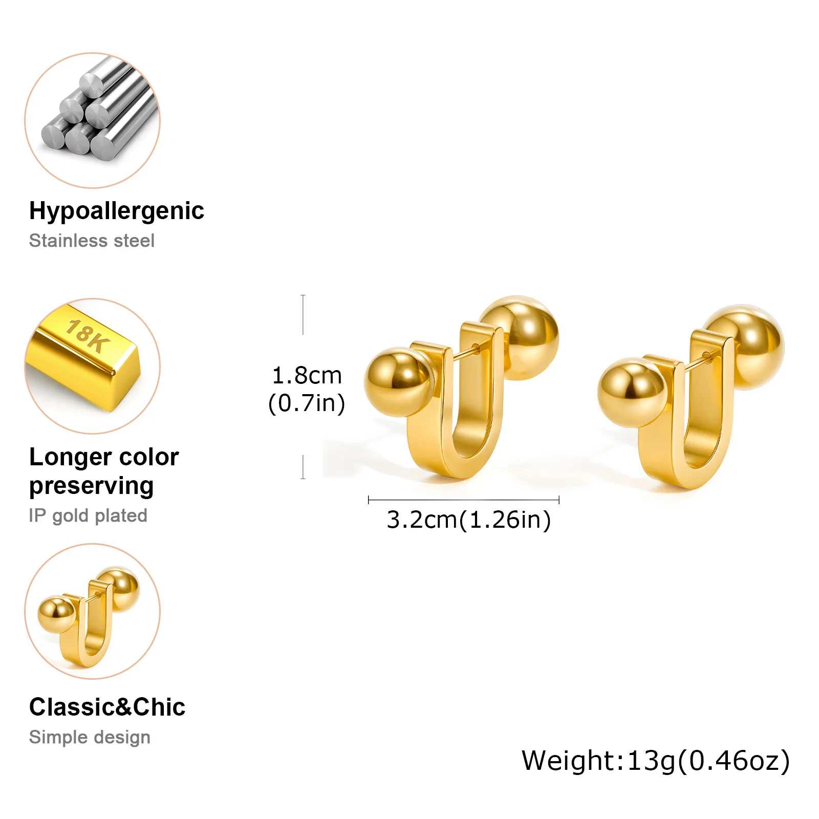 Unique U-Shape Hoop Earrings for Women, Stainless Steel Earring, Ball Piercing Ear Accessories - Image 5