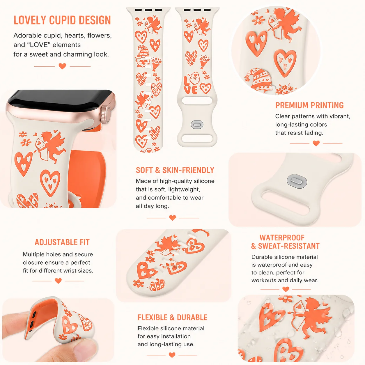 Soft watch band for Apple Watch 40/41/42/44/45/46/49mm,Women's Heart Angel Comfortable Silicone Strap, for Series 11 10 987 654 - view 5