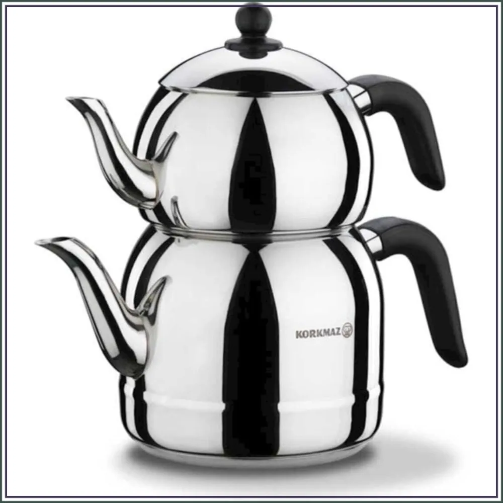 18/10 Stainless Steel Retro Teapot Set, Black Handles, 1.1L Top, 2.5L Bottom
