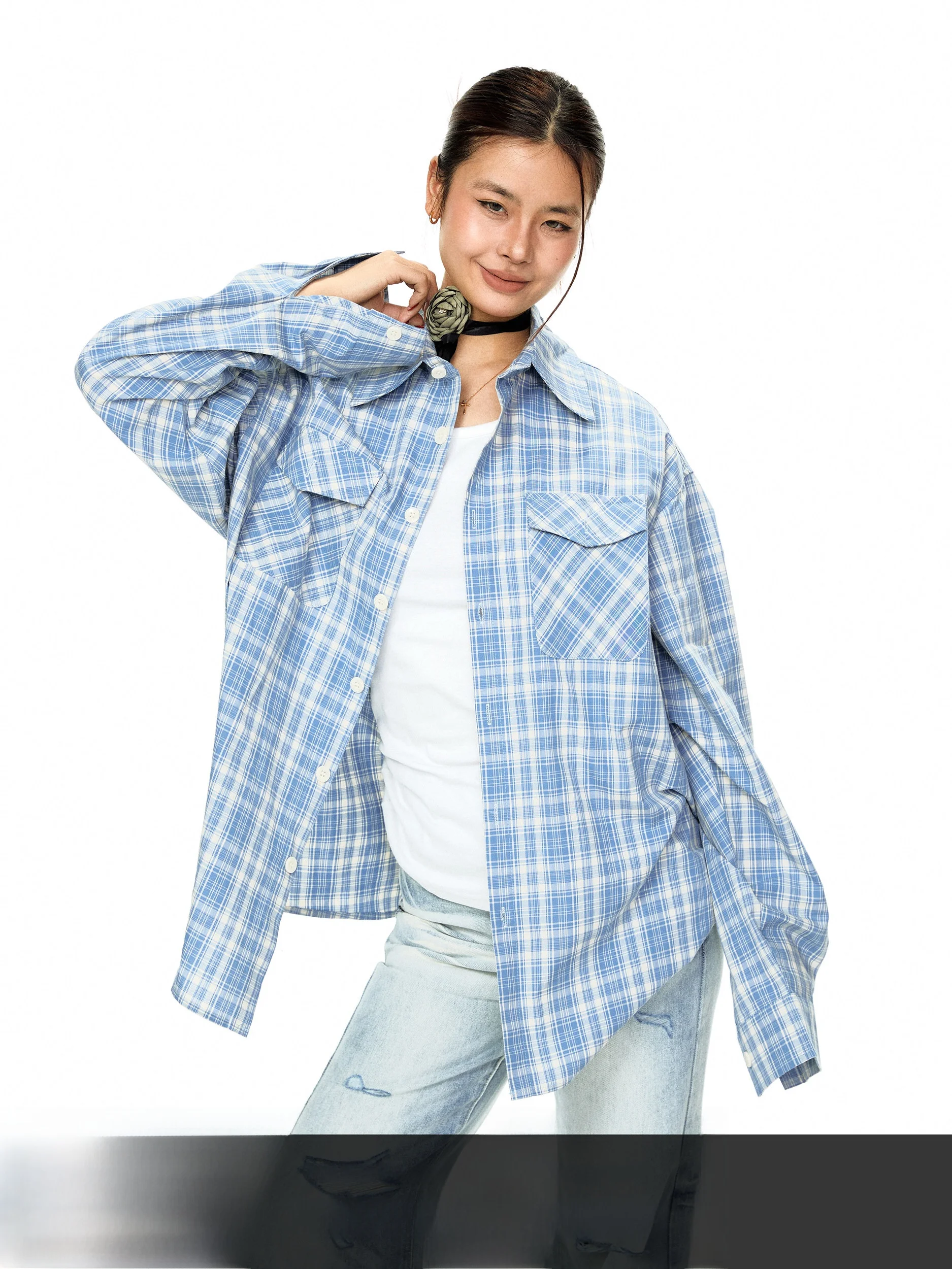 

Blackbb Cuban Collar Shirt Women's Summer Loose Casual Versatile Long Sleeve Plaid Shirt Vintage Style Cotton Sun Protection
