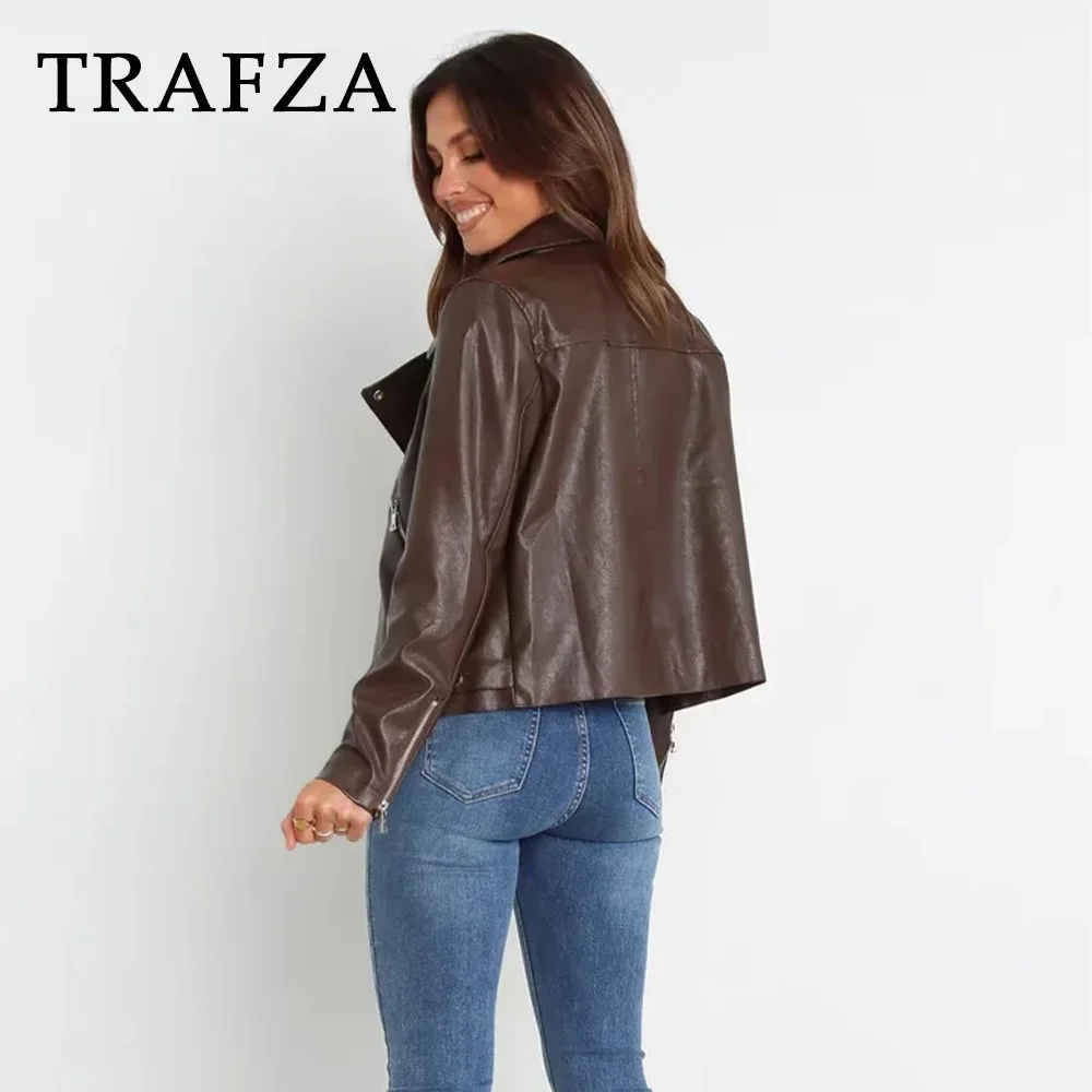 TRAFZA 2023 Women Autumn Casual PU Zippers Jackets Fashion Winter Vintage Solid Straight Coat For Women Streetwear Women Jacket