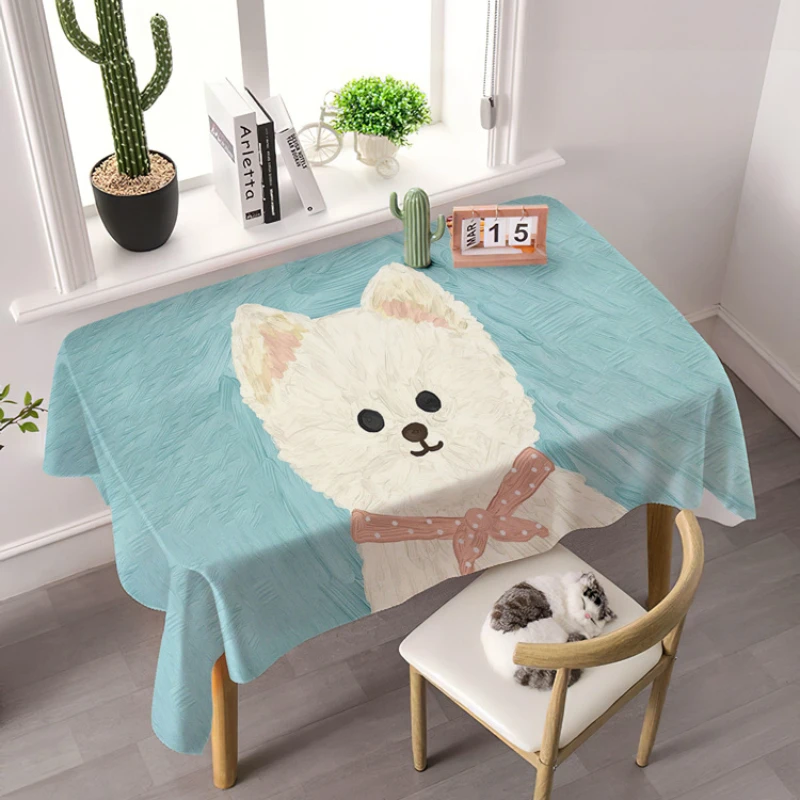 Cute Little Dog Cartoon Printed Tablecloth Household Dining Table Waterproof and Oil Resistant Tea Table Mat TV Dust-proof Cloth