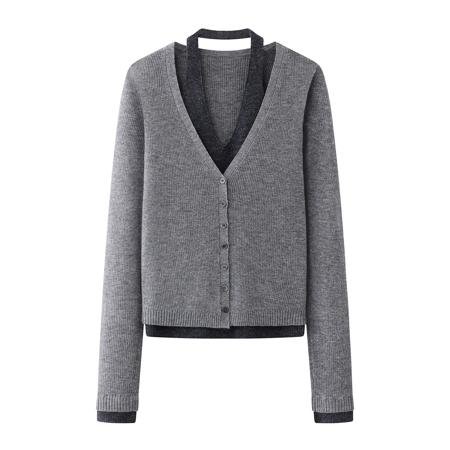 

Вязаный свитер Xiao Ai с V-образным вырезом и длинными рукавами, коллекция Весна 2026, дизайн-сенсация, цветной блок, повседневный женский топ