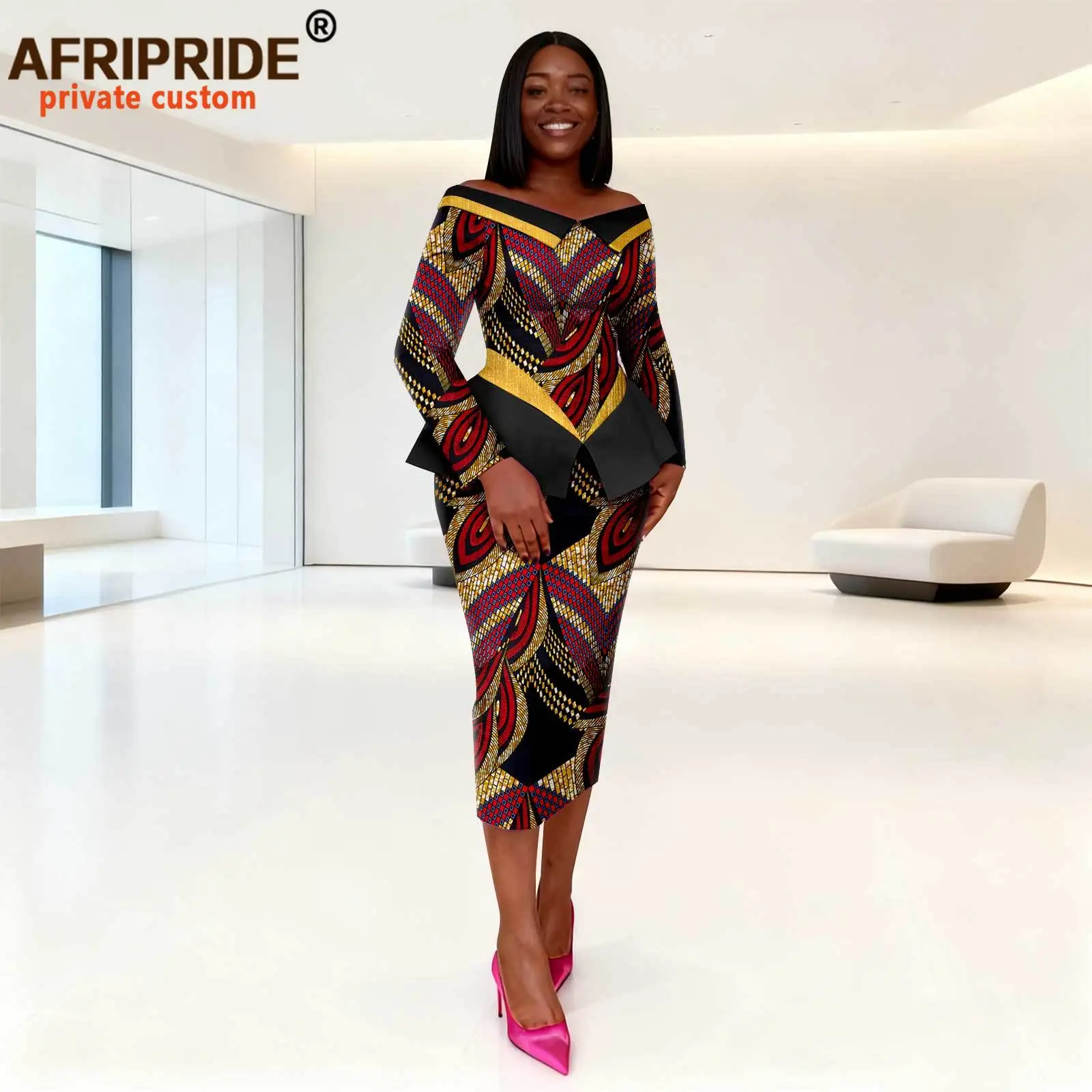 African Dresses for Women Off Shoulder High Waist Slim Fit Elegant Print Knee Dress Party Attire Dashiki Outfits 2525190